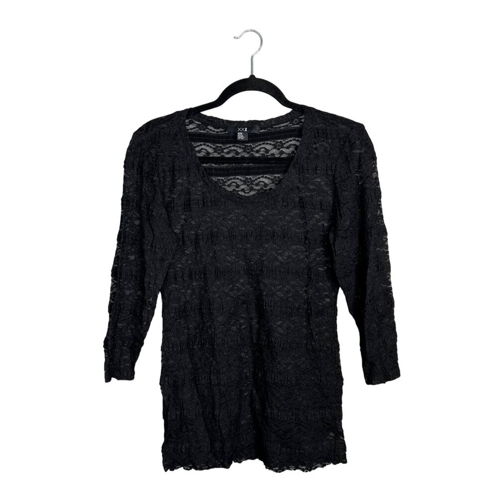 Forever 21 Black Lace Top Women's M 3/4 Sleeve Whimsigoth Gothic Fairy Goth Vamp